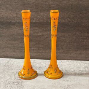 Vintage Czechoslovakia Enamel Hand Painted Orange Glass Vases Set of Two 8.25"